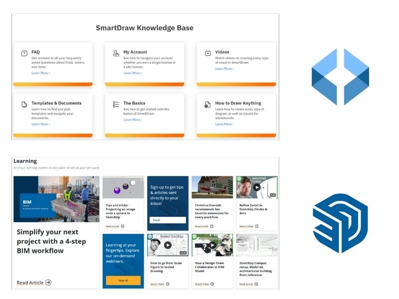 Screenshot of the SmartDraw Knowledge Base next to the SketchUp Learning page, comparing the help and educational resources offered by each platform.