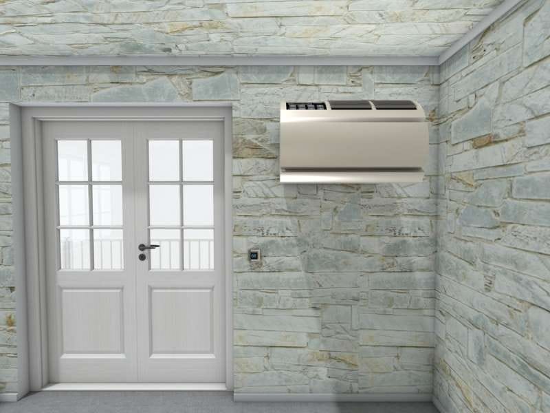 Enterance with stone walls, concrete floors and an air condition