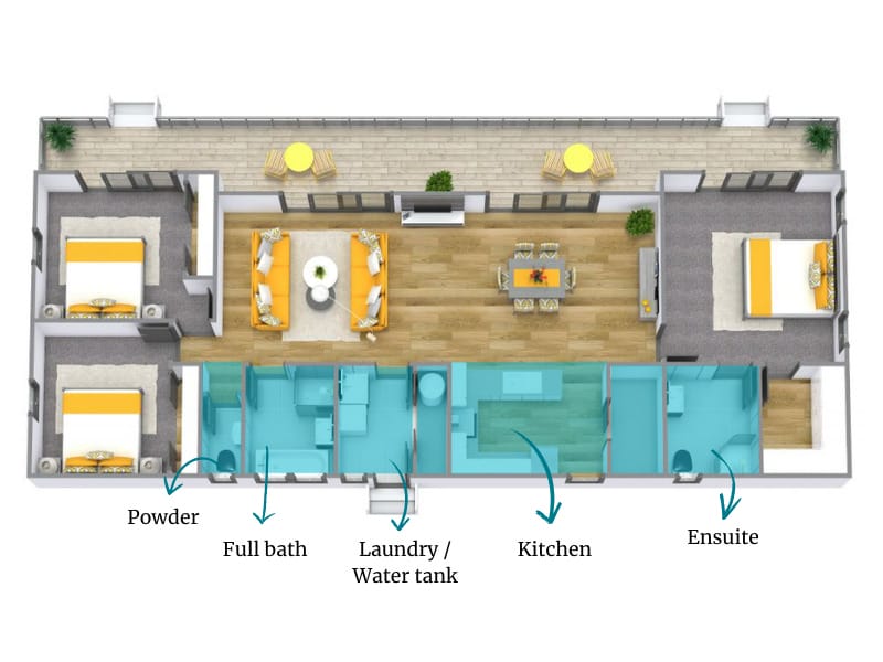 Strategic room placement where bathrooms, kitchen and the laundry room is close together