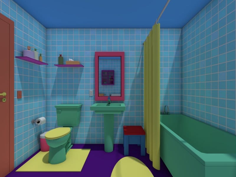 The Simpsons bathroom with green fixtures and yellow accents