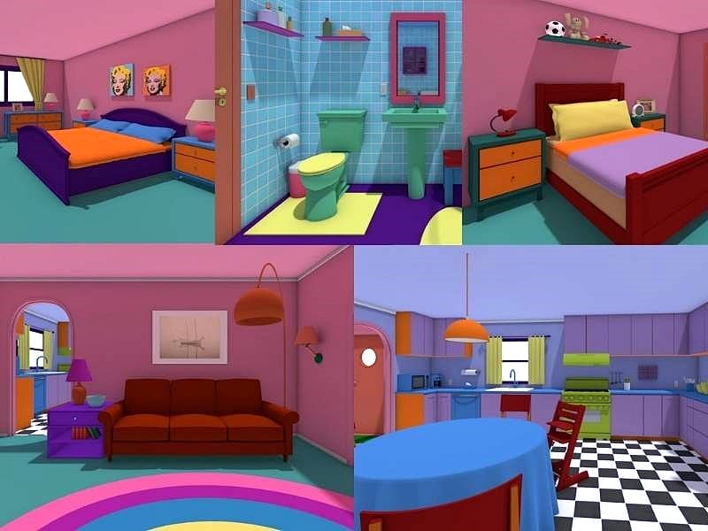 The Simpsons house bedrooms, bathroom, living room and kitchen rendered in 3D