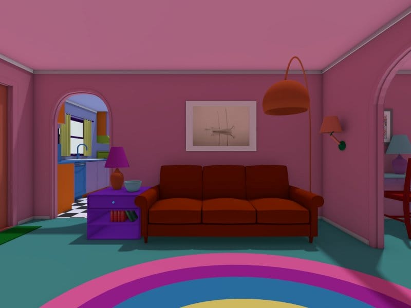 The Simpsons living room featuring their red counch and orange lamp