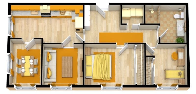 Traditional floor plan showing a single-bedroom layout with a separate dining room, and yellow interior.