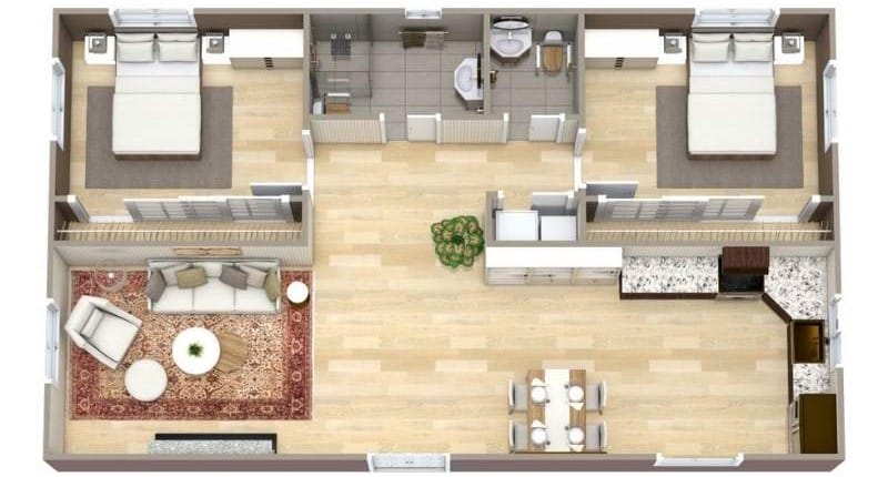 3D floor plan of a two bedroom senior apartment