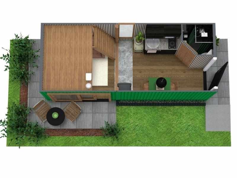 3D floor plan of a micro home with loft and garden