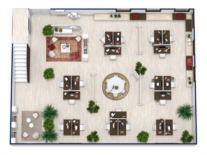 3D floor plan of an office with dark wooded desks, and light flooring