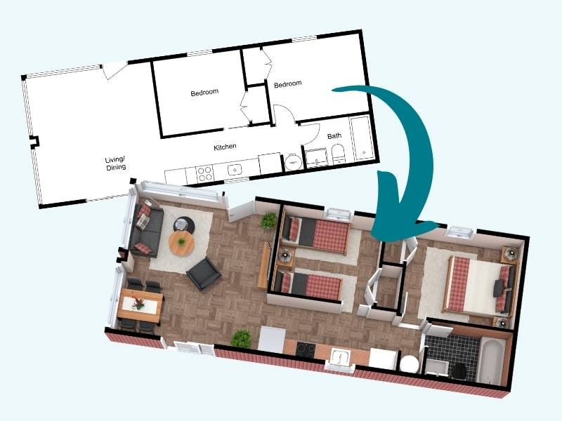 Old 2D floor plan is updated to a modern 3D version